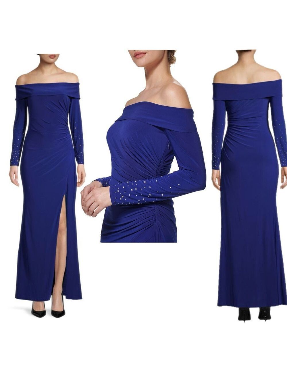 VINCE CAMUTO Cobalt Royal Blue Rhinestone Embellished Off-Shoulder Gown dress 8 - Picture 3 of 17